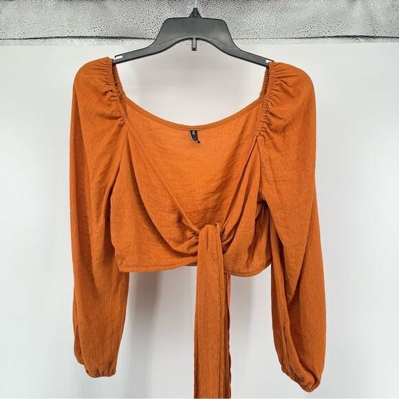Zaful Women’s Orange Square Neckline Tie-Front Long Sleeve Cropped Top Medium - Picture 2 of 11